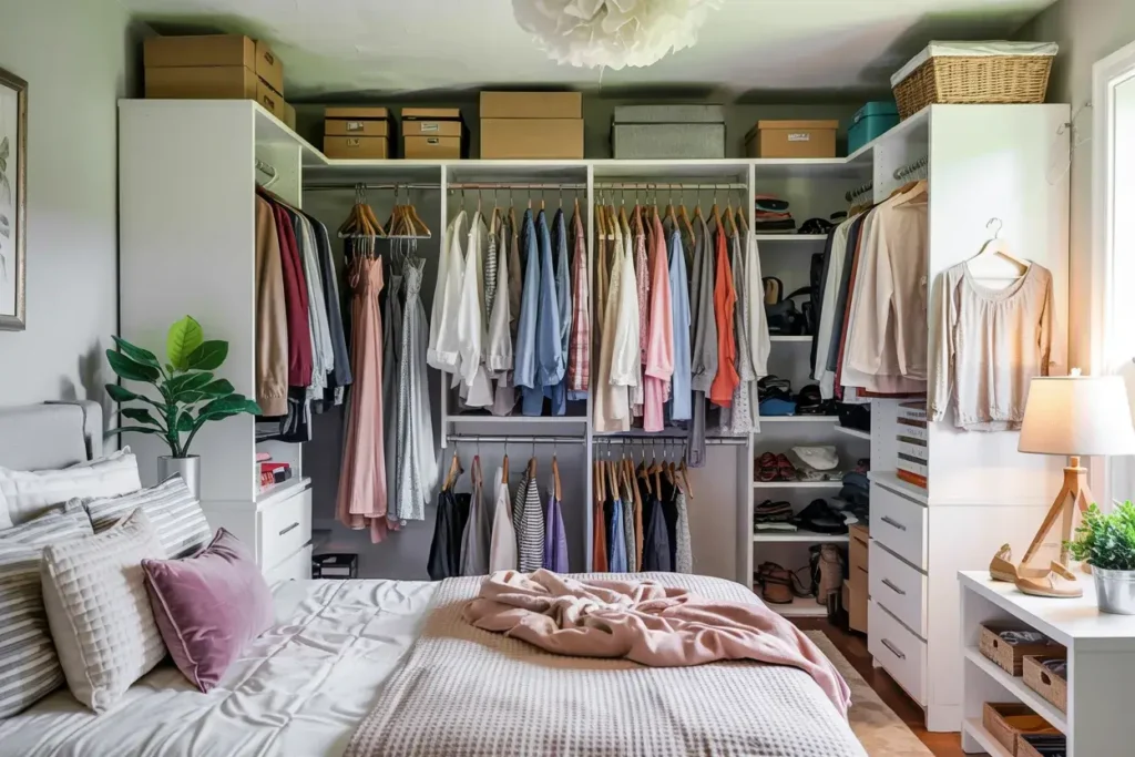 A bed sits in front of a large, built-in open closet system displaying organized clothing and storage.