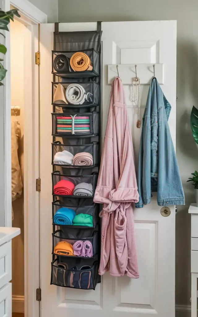 Grey over-the-door organizer filled with accessories and clothes hangs beside hooks holding a robe and jacket.