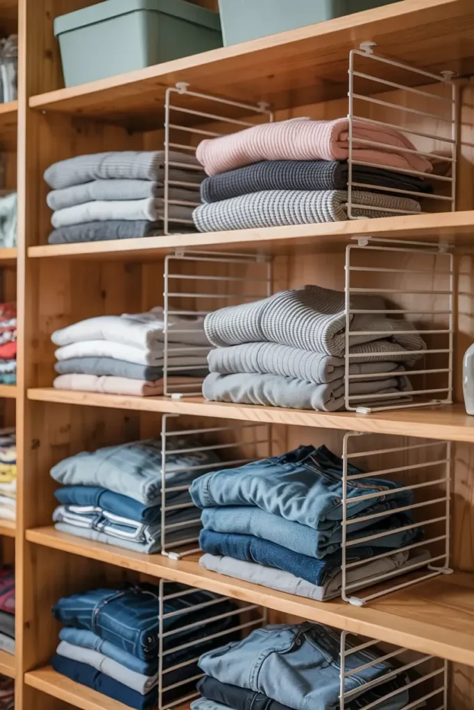 White wire shelf dividers organizing stacks of folded clothes on wooden shelves.