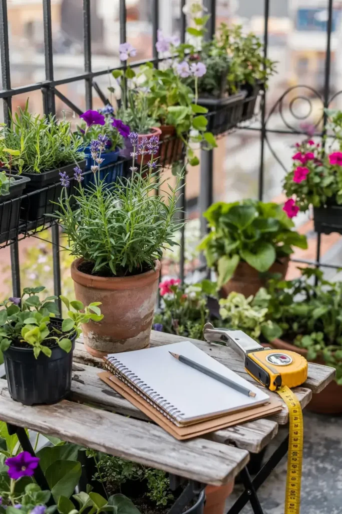 Balcony garden with potted plants, notepad, pencil, and measuring tape on a small wooden table.