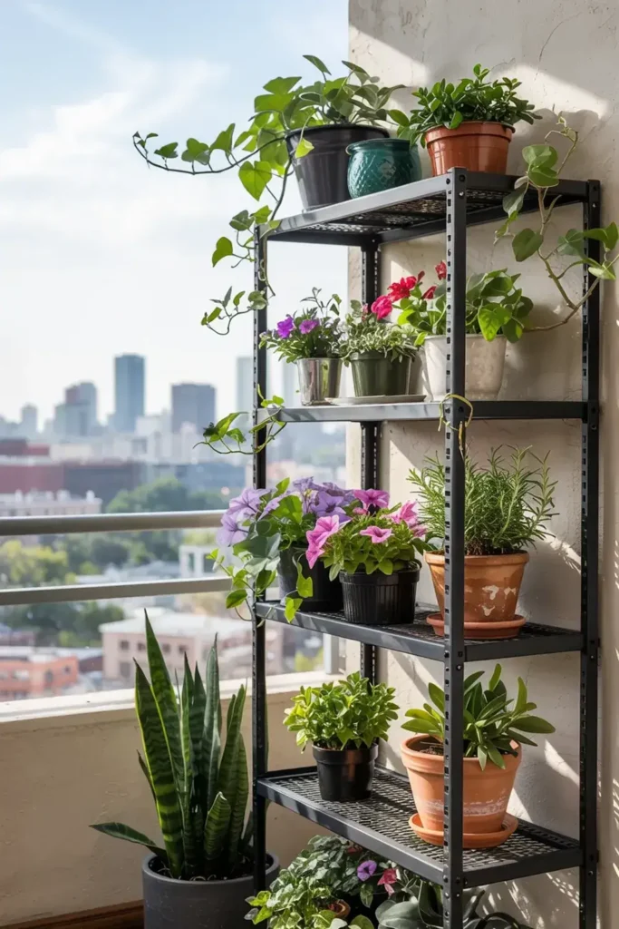 Potted plants on a black metal shelving unit against a city skyline backdrop.