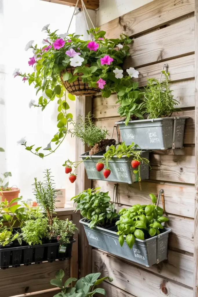 Vertical wooden garden with hanging flower basket, metal planters of herbs, and strawberries.