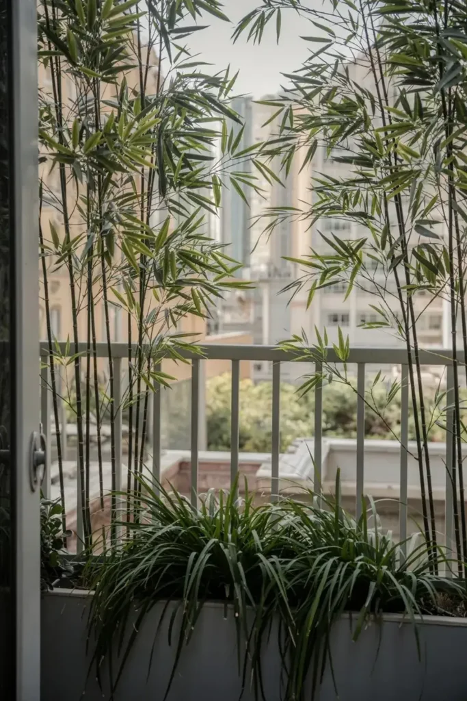 Balcony with bamboo plants and a city view through the railing.