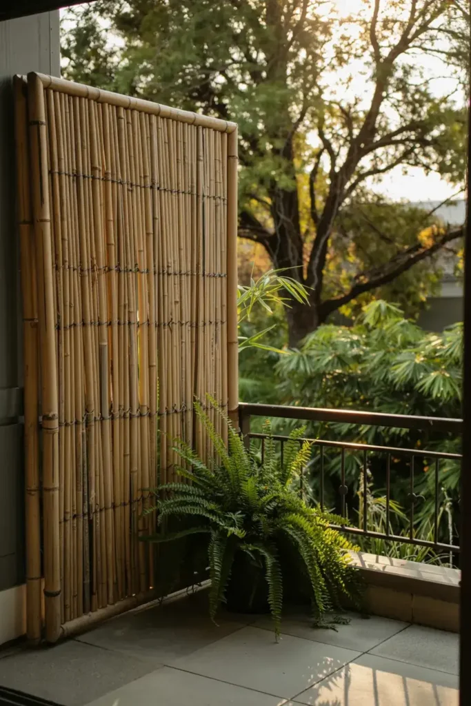 Bamboo screen and fern on a balcony with trees in the background.