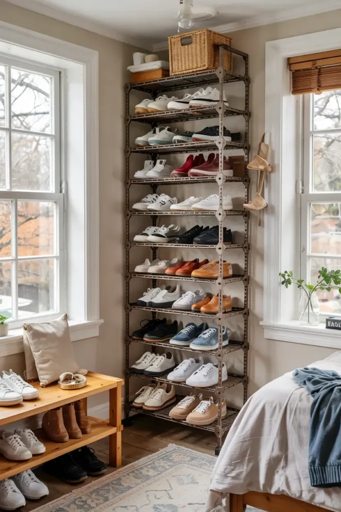 Tall metal shoe rack and low wooden bench filled with shoes in a bedroom corner next to windows.