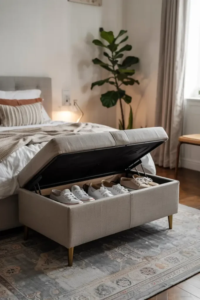 Open beige storage ottoman at the foot of a bed, filled with shoes.
