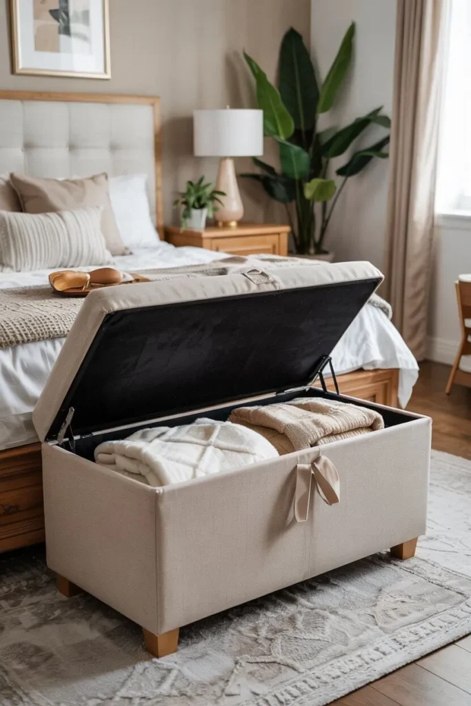 Open beige storage ottoman at the foot of a bed.