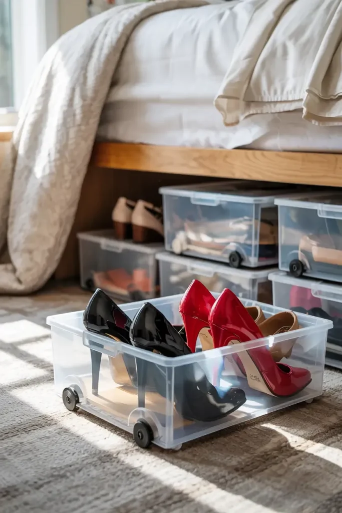 Clear rolling storage bins filled with shoes stored neatly under a bed.