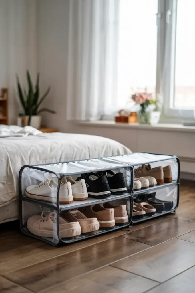 Two grey fabric shoe organizers filled with shoes sit on a wooden floor at the foot of a bed.