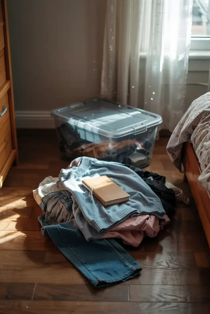 A pile of clothes and a notebook sit on a sunlit wooden bedroom floor next to a plastic storage bin.