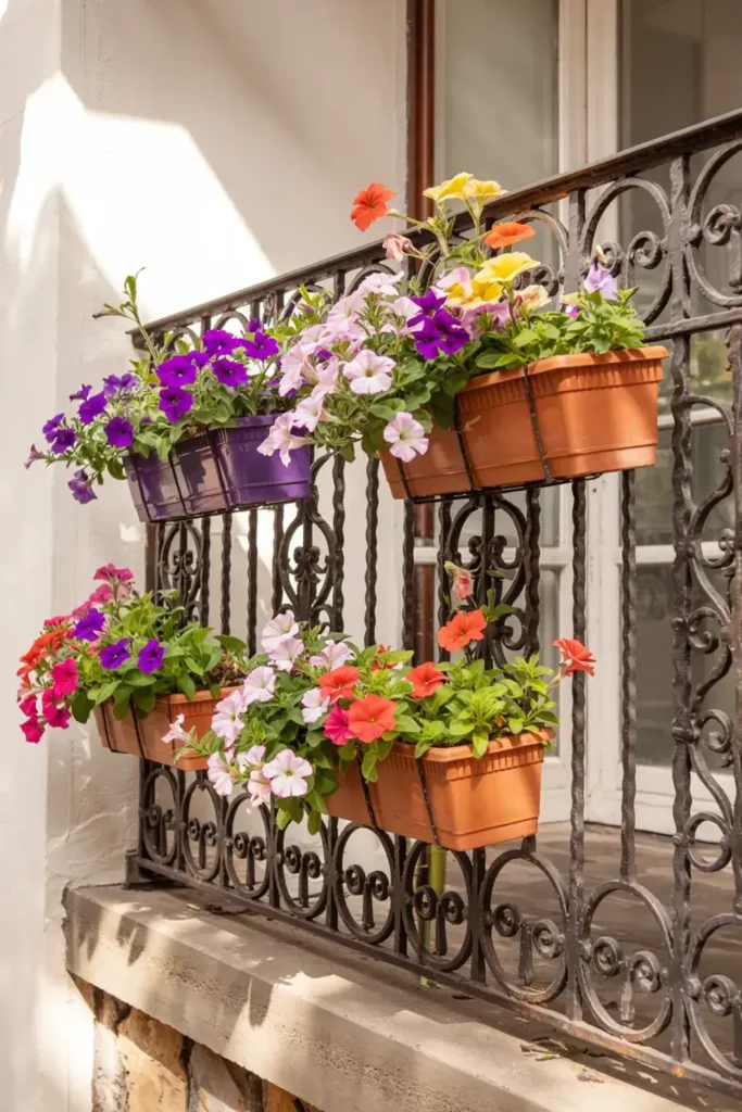 Flower boxes with colorful petunias hang from a black wrought iron railing.