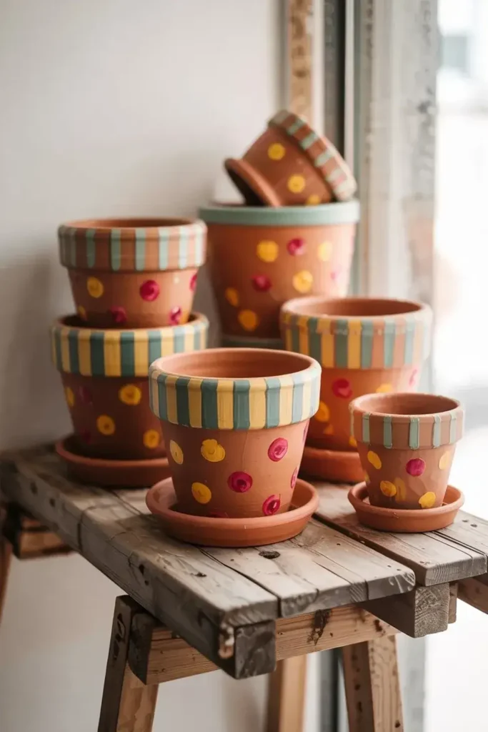 Collection of terracotta pots with hand-painted polka dots and striped rims on a wooden table.