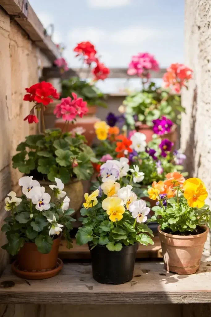 Potted pansies and geraniums on a ledge outdoors.