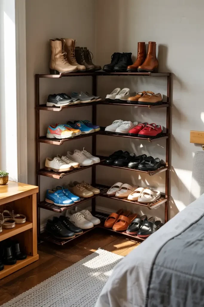 A corner shoe rack with multiple tiers holding various shoes and boots in a room.