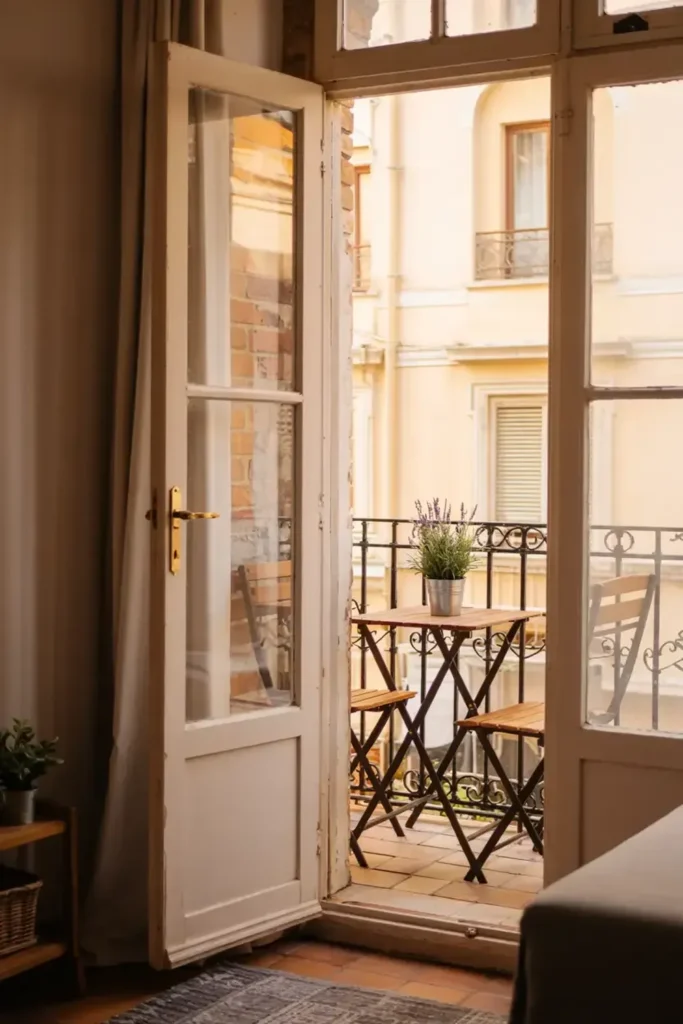 Open French doors leading to a balcony with a bistro set and potted lavender, overlooking a European-style building.