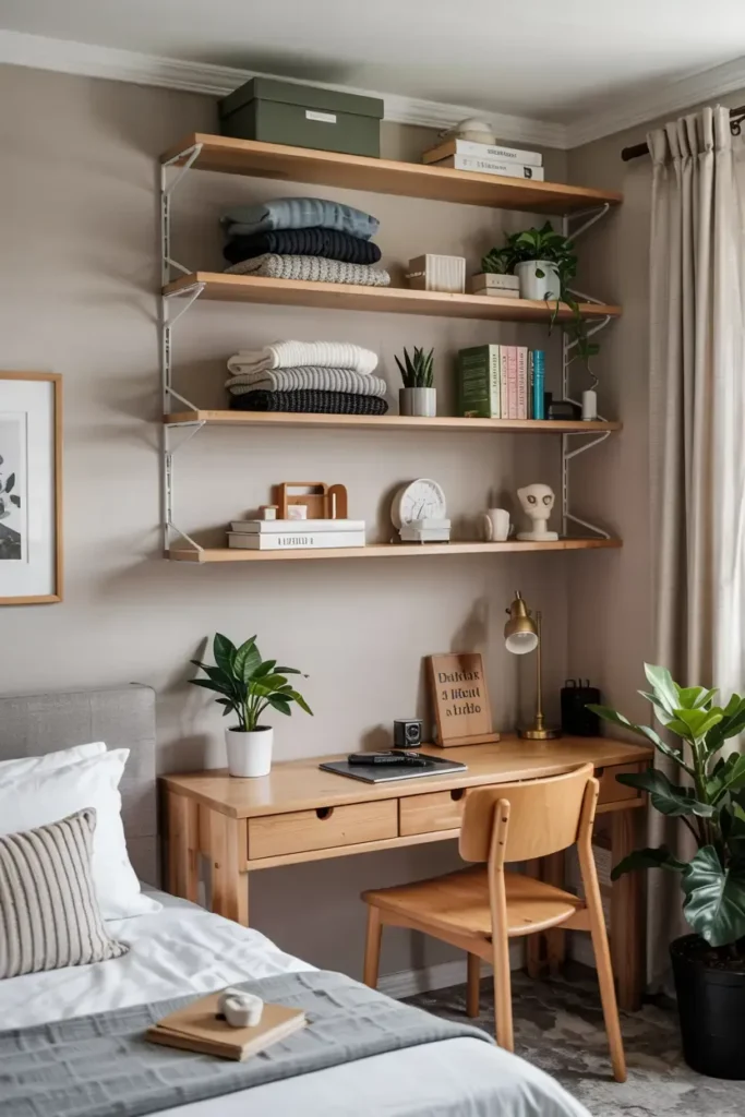 Bedroom with light wood desk, chair, bed, and adjustable shelving.
