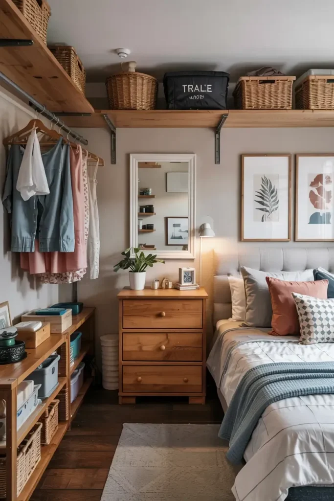 Bedroom with a bed, dresser, artwork, and closet organization.