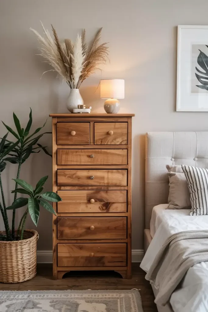 Bedroom interior featuring a wooden dresser, bed, and indoor plants.