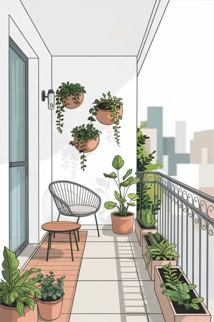Illustration of a cozy balcony with plants, a chair, and a view of the cityscape.