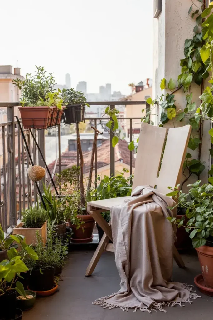 Balcony with a chair, blanket, and plants overlooking a cityscape.