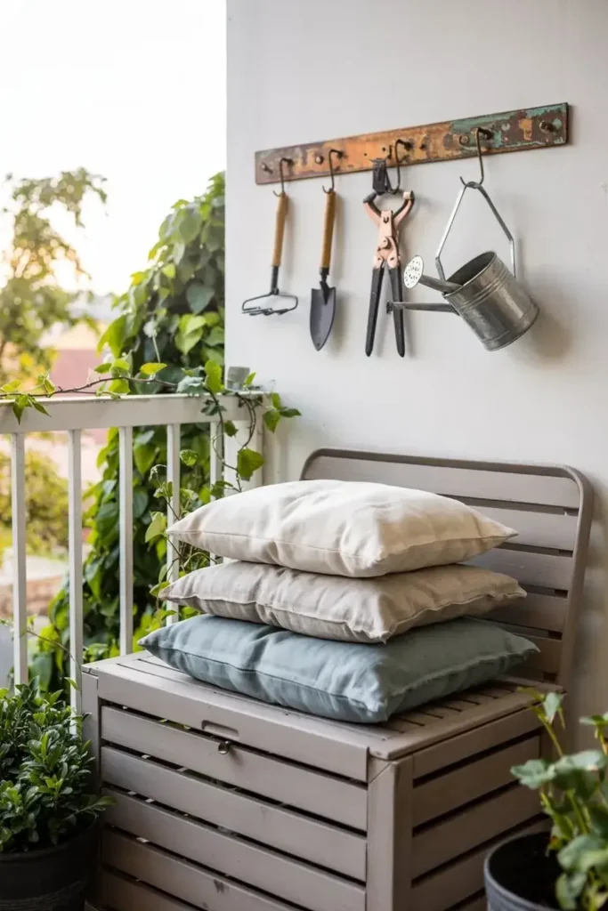Balcony decorated with garden tools hanging on the wall and cushions on a bench.