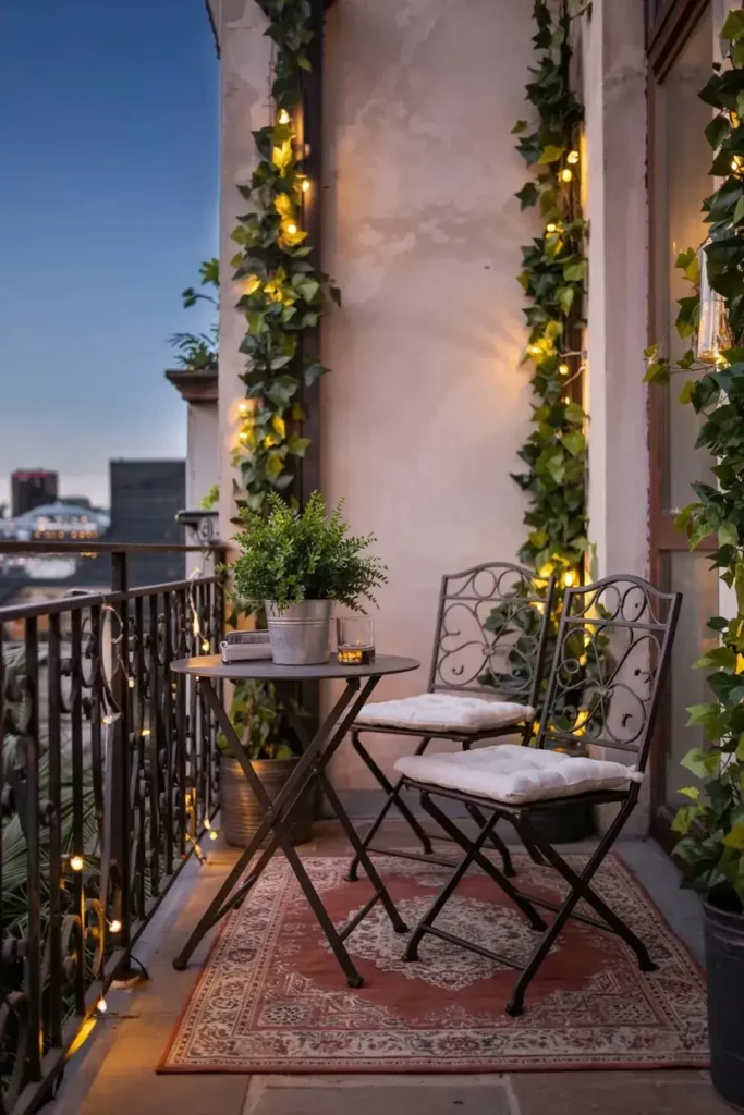 Cozy balcony setup with bistro table, chairs, and ivy with fairy lights.
