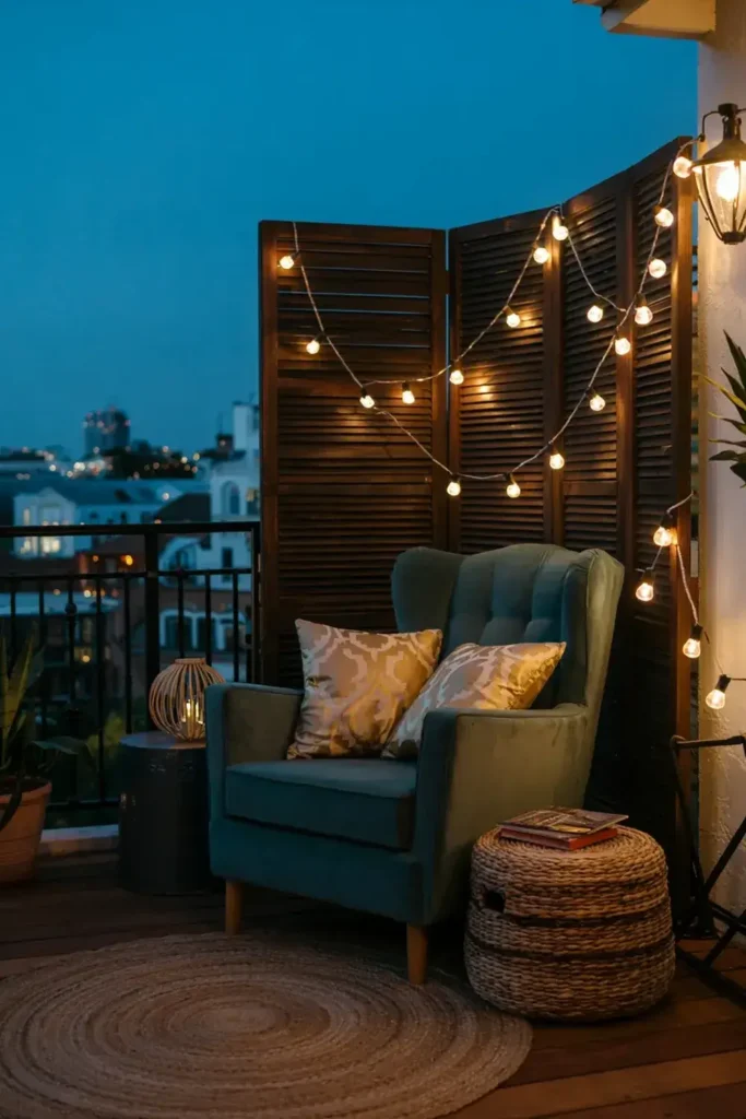 Cozy balcony seating area with string lights, armchair, and city view at twilight.