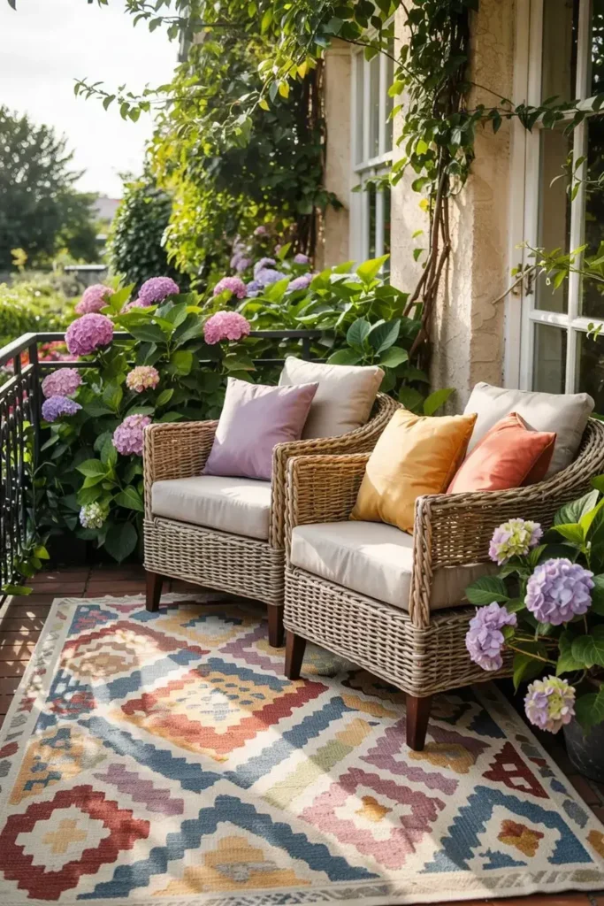 Two wicker armchairs with colorful pillows sit on a patterned rug on a flower-filled balcony.