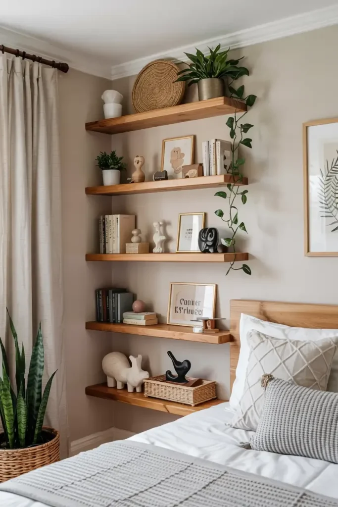 Bedroom corner with wooden shelves displaying books, art, plants, and decorative objects.