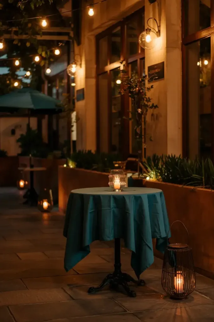 Outdoor restaurant patio at night with illuminated tables, lanterns, and string lights.