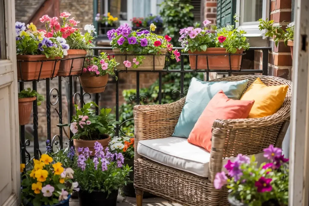 A cozy balcony with flower boxes blooming with colorful flowers, a wicker chair with colorful pillows, and a white cushion.