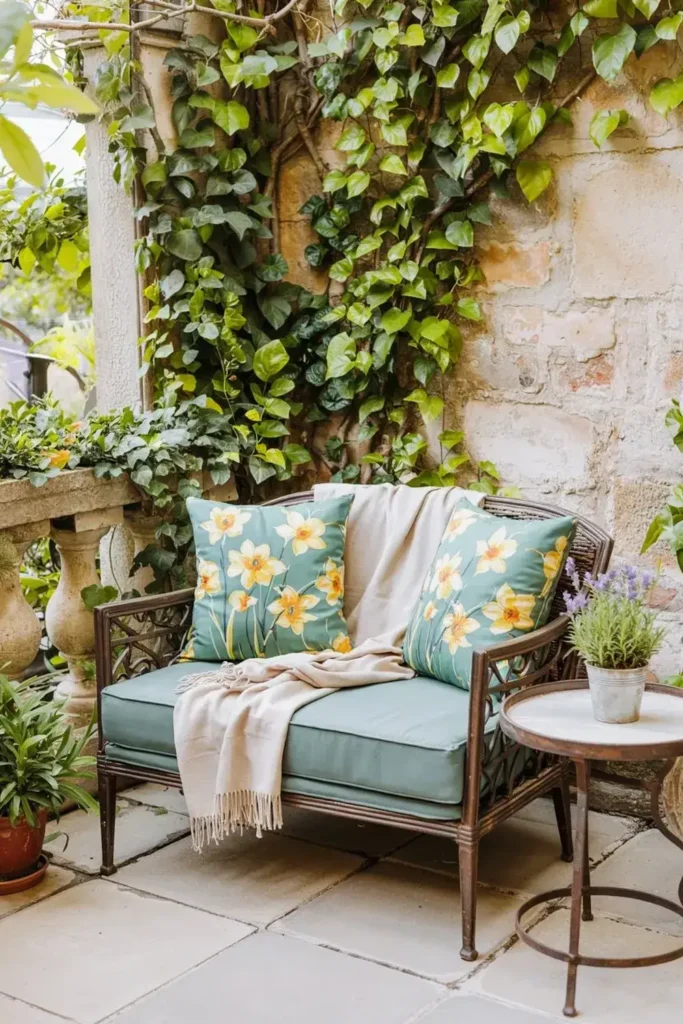 Patio scene with a loveseat, flowers, and ivy-covered stone wall.