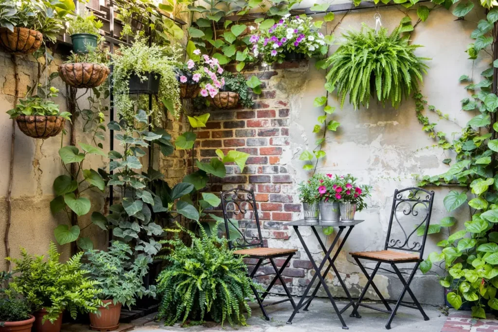 Cozy garden courtyard with potted plants, hanging baskets, and a small table with two chairs.