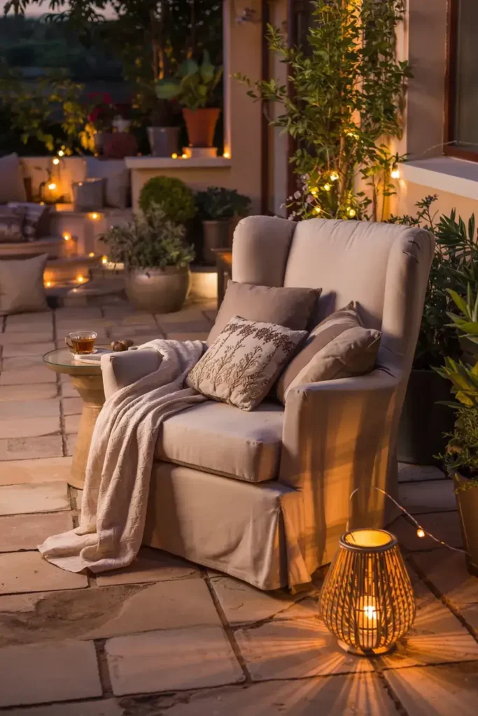 Cozy outdoor patio with an armchair, throw blanket, pillows, plants, and ambient lighting.