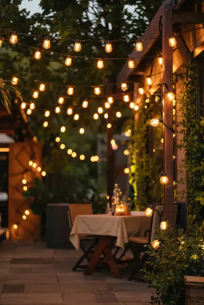 Outdoor dining area with string lights illuminating a draped table.