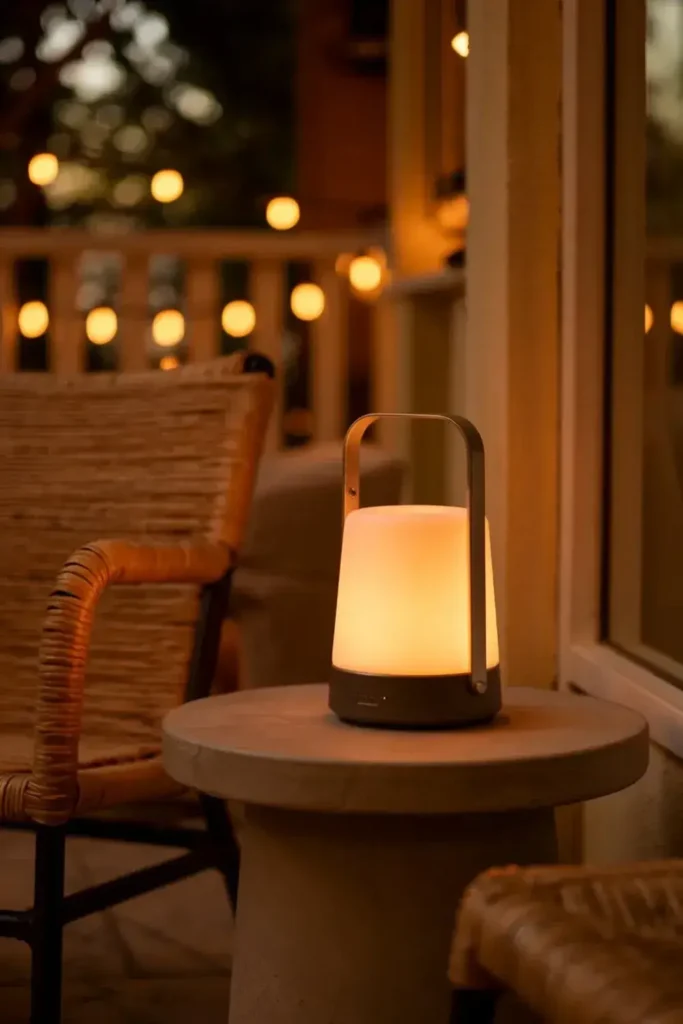 A lit portable lantern on a small outdoor table with a chair in the background and string lights blurred in the distance.