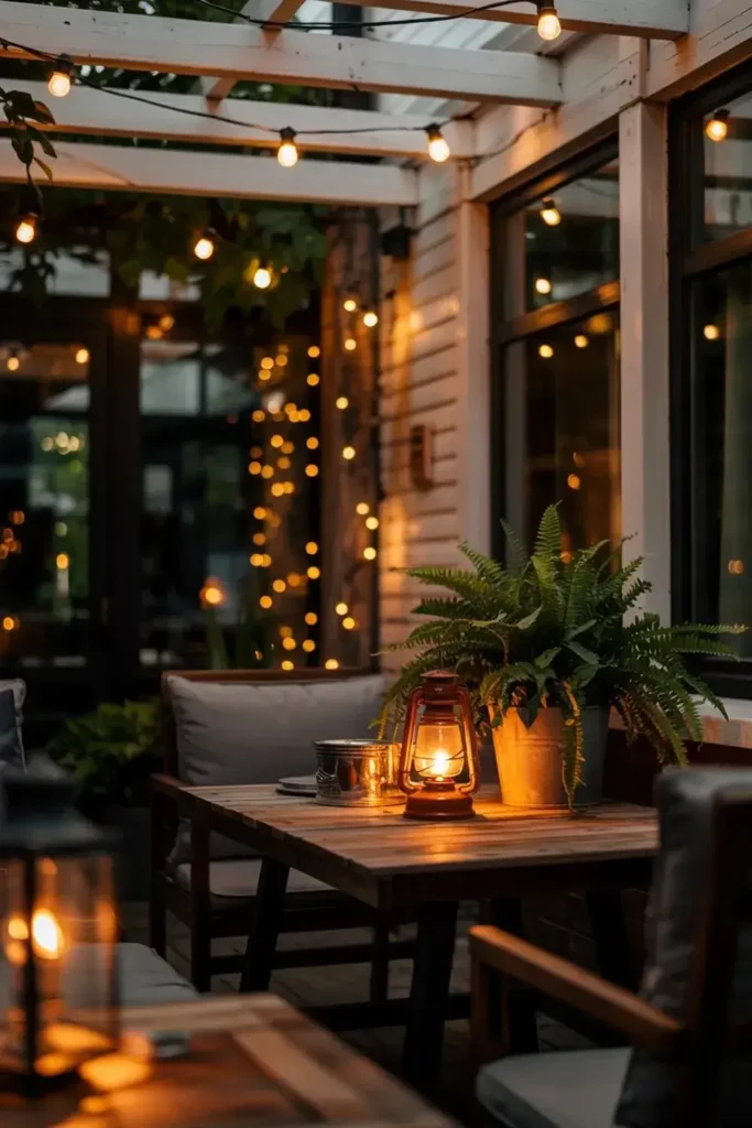 Outdoor patio at night with string lights and a lantern on a wooden table.