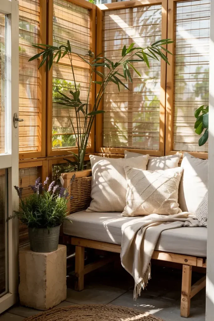 Cozy sunroom with a daybed, decorative pillows, plants, and wooden blinds.