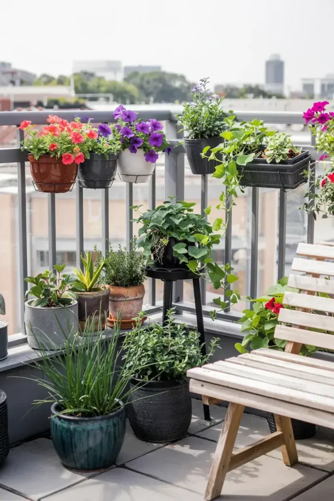 Balcony garden with potted flowers and plants on a sunny day.