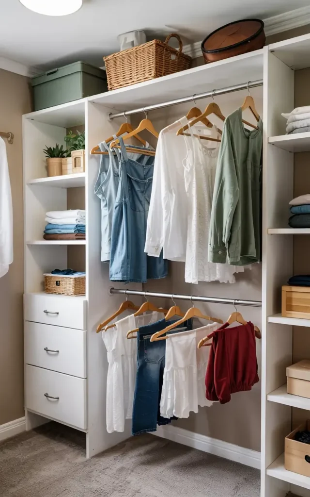 White closet organizer with shelves, drawers, and double hanging rods filled with clothes and storage boxes.
