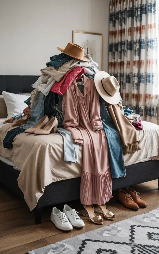 Pile of clothes, hats, and shoes overflowing on a bed in a bedroom.