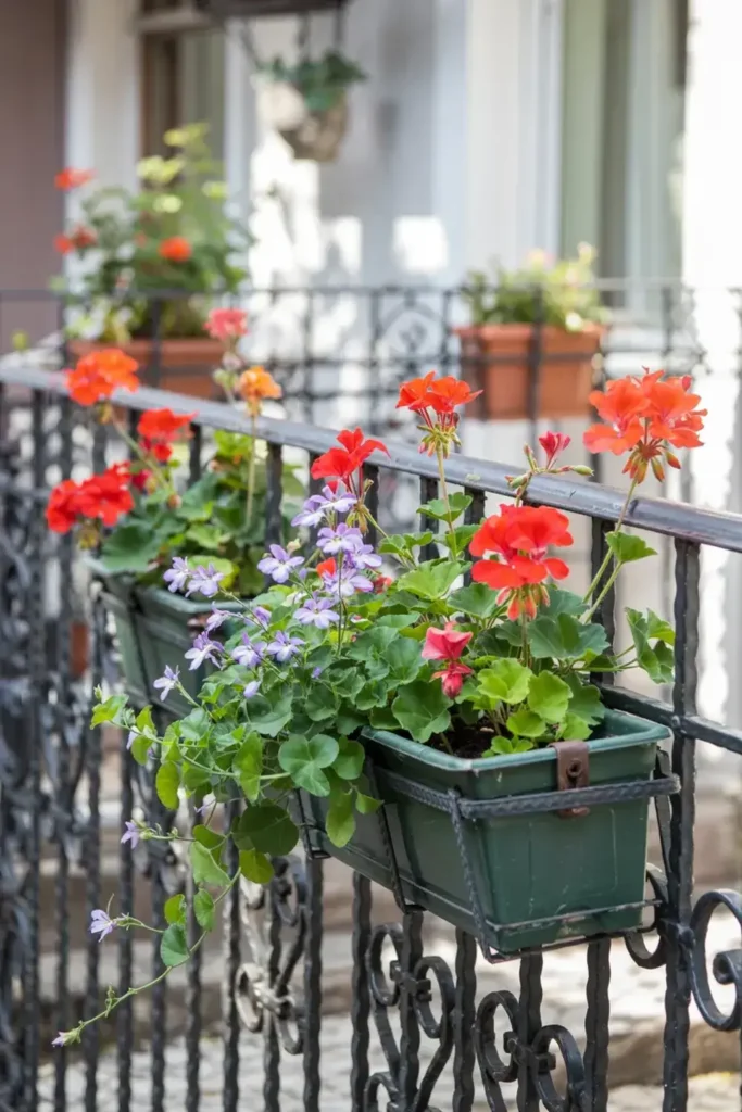 Flower boxes with red geraniums and interspersed purple flowers hanging on wrought iron balcony railing.
