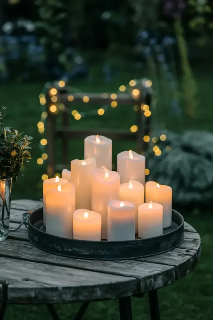Assorted lit candles in a tray on a wooden table with string lights in the background.