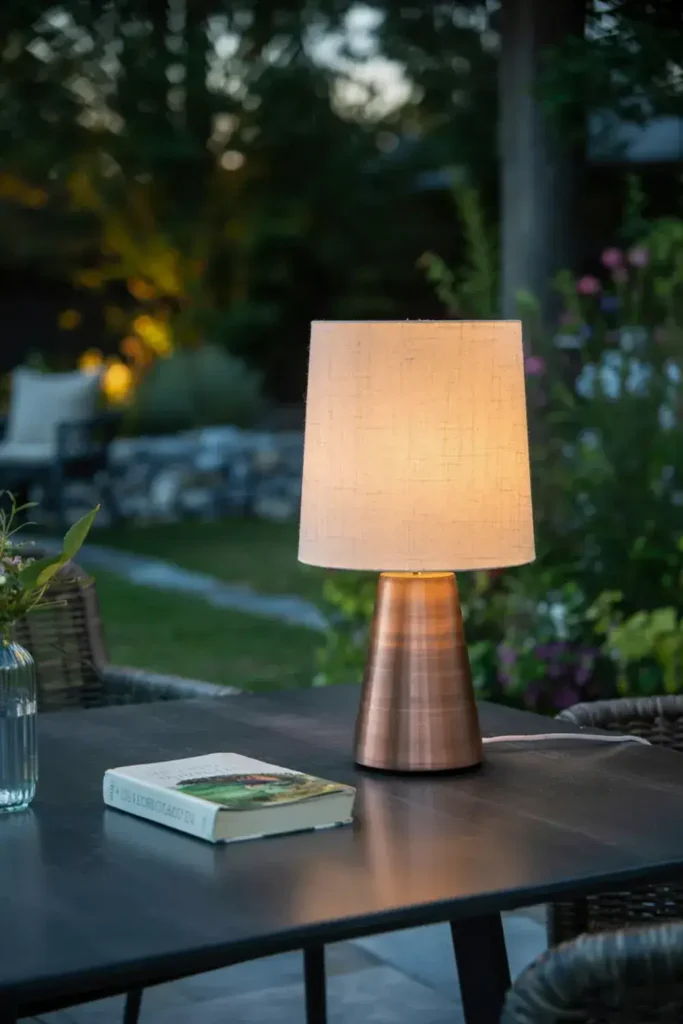 Illuminated lamp and a book on a dark outdoor table with greenery in the background.