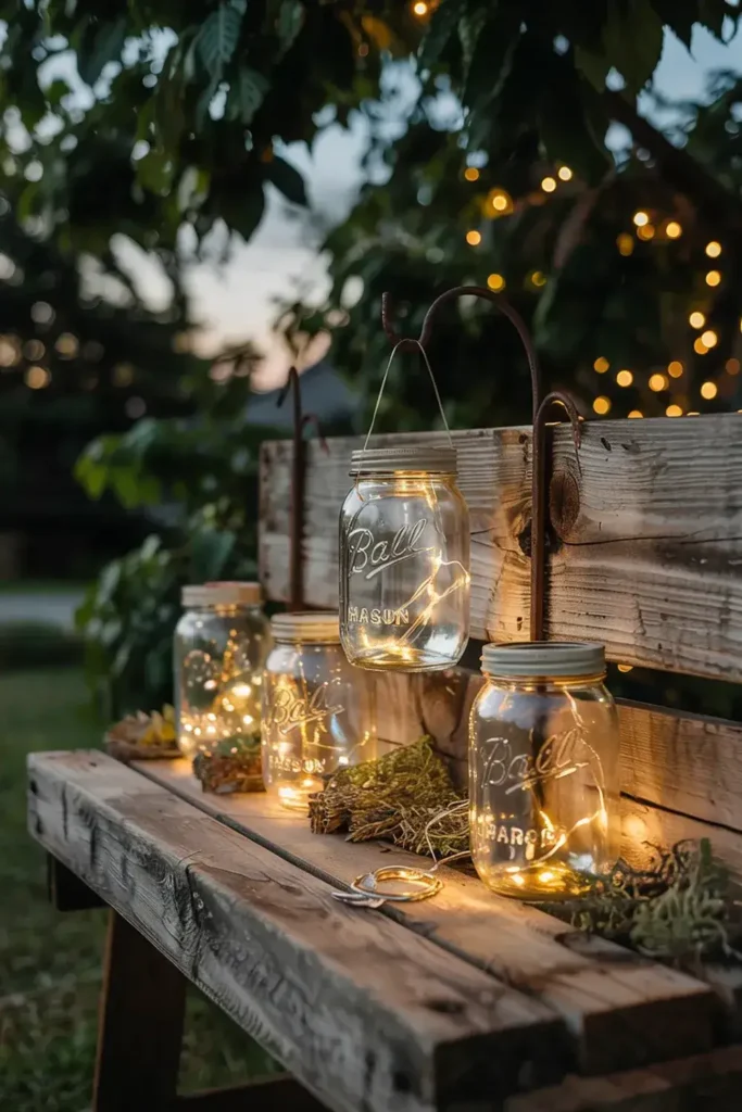 Mason jars filled with string lights on a rustic wooden bench outdoors.