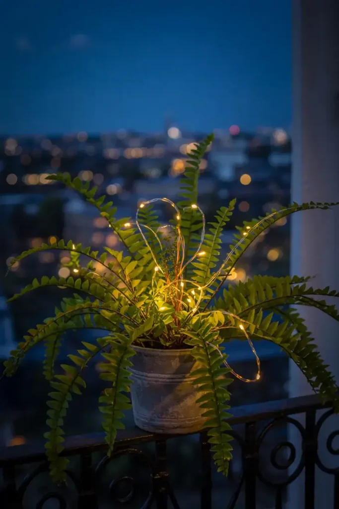 Fern in a metal pot wrapped in fairy lights on a balcony at twilight.