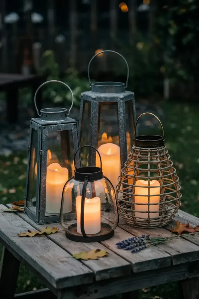 Assorted lanterns with glowing candles sit on a wooden table in an outdoor setting.
