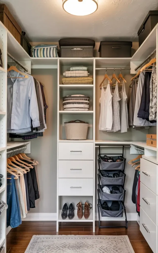 Organized walk-in closet with white shelving, clothes hanging, drawers, storage boxes, and a rug.