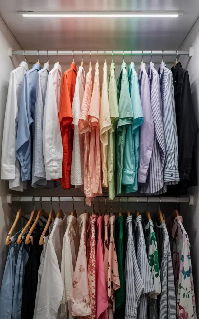 Closet with two rods of hanging clothes neatly organized by color.
