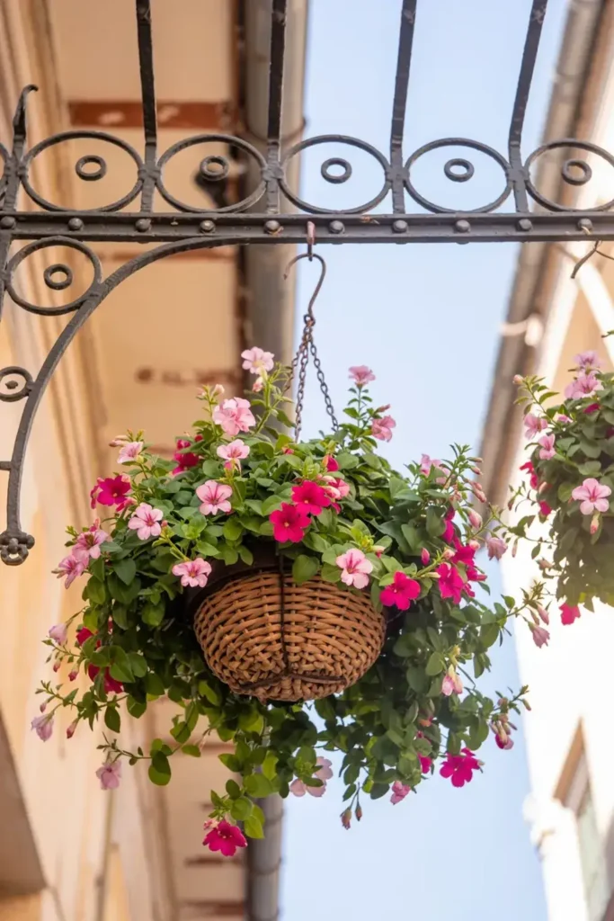 Hanging wicker basket filled with pink and fuchsia flowers.